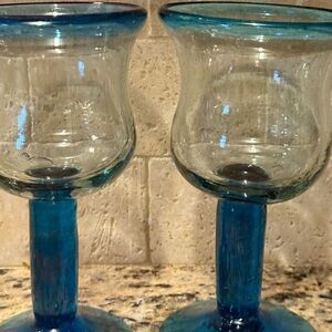 Mexico Hand-Blown Wine or Water Goblet Pair in Cobalt / Ocean Blue. Very Unique